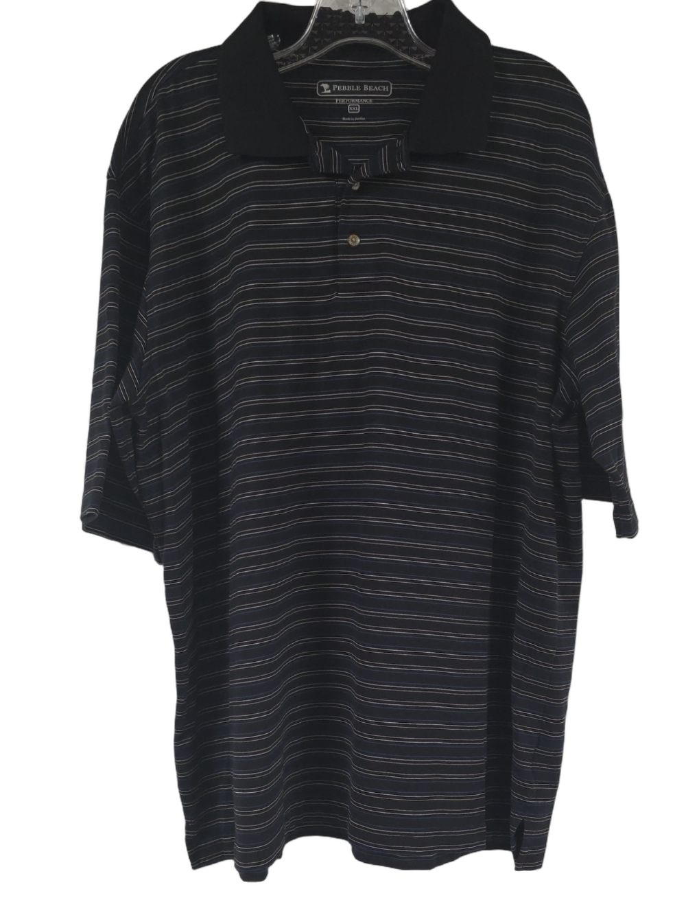 Pebble Beach Performance Men's Golf Polo, Black Blue Pin Striped Shirt, Size XXL